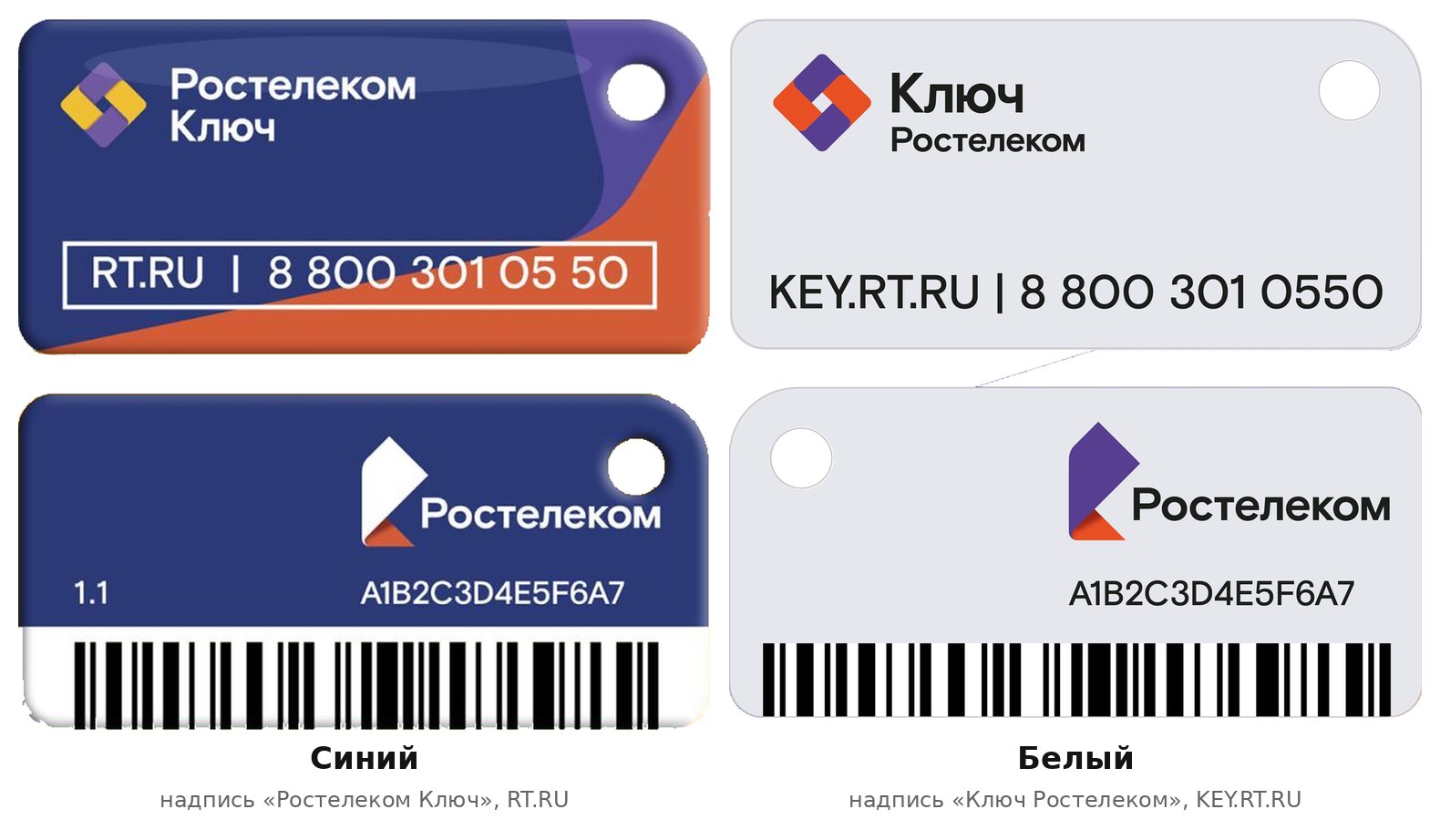 Два вида ключа Ростелекома: синий и белый, лицевая сторона и оборот с номером